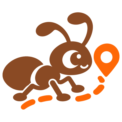 ミチアリのアイコン（アリが点線の道をたどって位置のピンへ向かう絵）